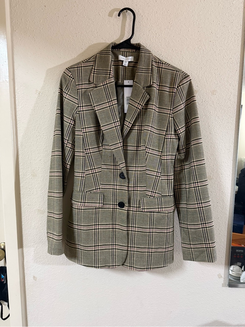 Topshop Women’s Single-Breasted BlazerJacket Olive Plaid Size 2 Equestrian Style